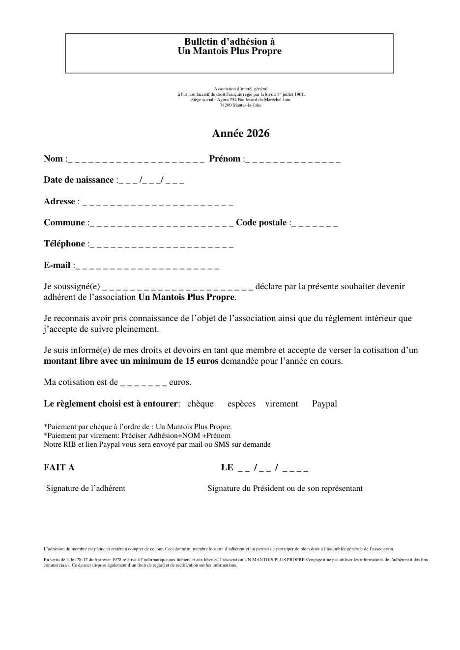 Première page du bulletin d'adhésion : nom, prénom, coordonnées, montant de la cotisation et signature